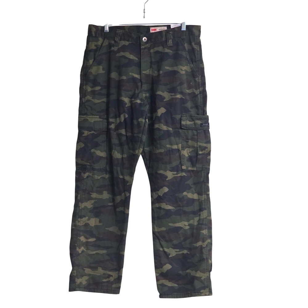 Wrangler Camo Mens Relaxed Fit Cargo Pants Fleece Lined Brown Woodland 32x30